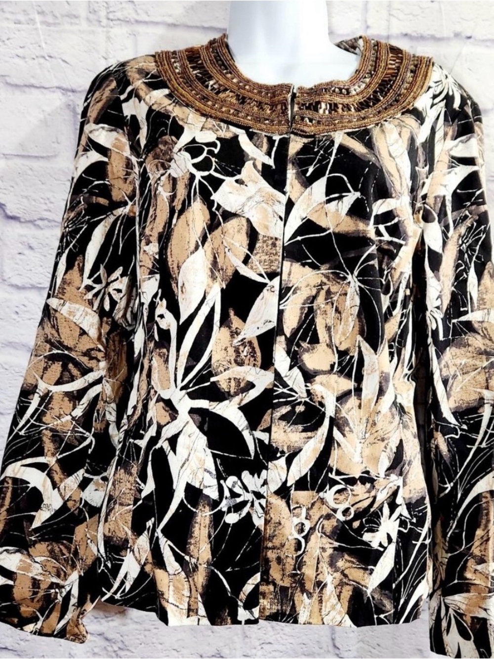 Chico's Black Floral Beaded-Neck Jacket with Tan & Cream Accents